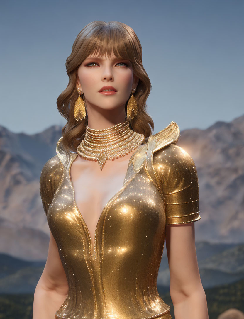 Digital portrait of woman in golden attire against mountain backdrop