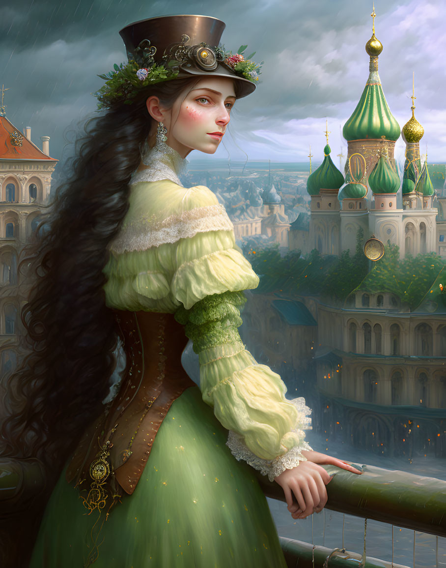 Victorian woman on balcony with Eastern European cityscape view