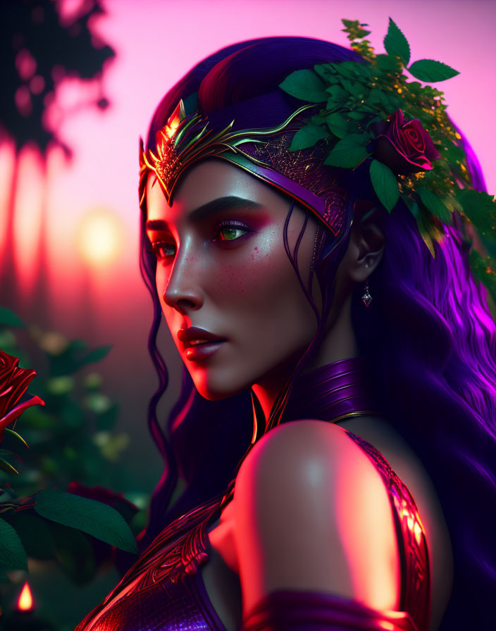 Digital artwork of woman with purple hair, golden crown, roses on vibrant sunset background