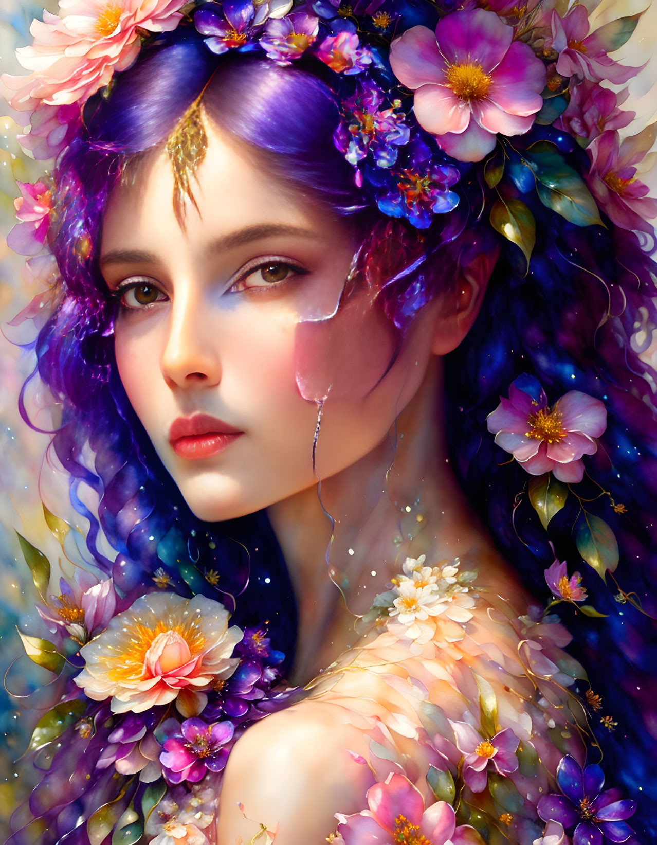 Digital artwork: Woman with purple hair and vibrant flower adornments