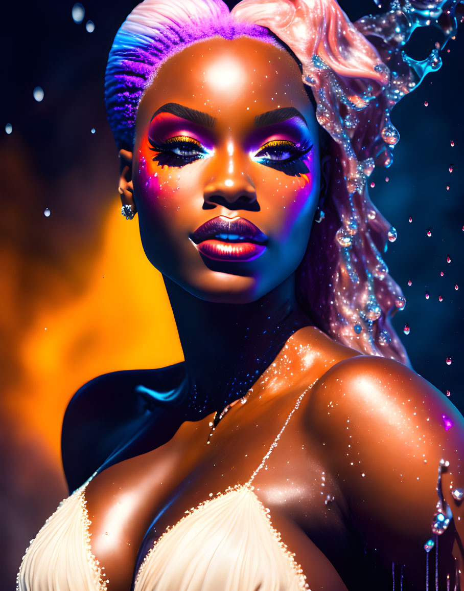 Colorful portrait of woman with purple eyeshadow and sparkling makeup, surrounded by water droplets on