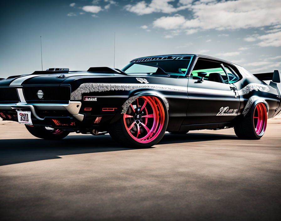 Black Muscle Car with Pink-Rimmed Wheels on Tarmac