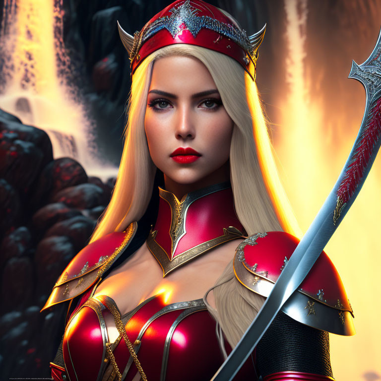 Blonde Female Warrior in Red and Gold Armor with Sword on Fiery Battlefield