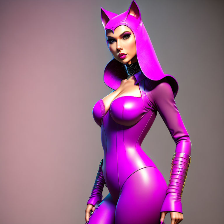 Female character in purple bodysuit with cat-eared hood and gold accents