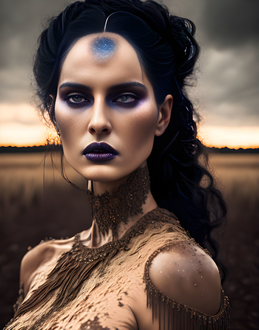 Dark-haired woman with dramatic makeup and blue forehead jewel gazes intensely under dusky sky.