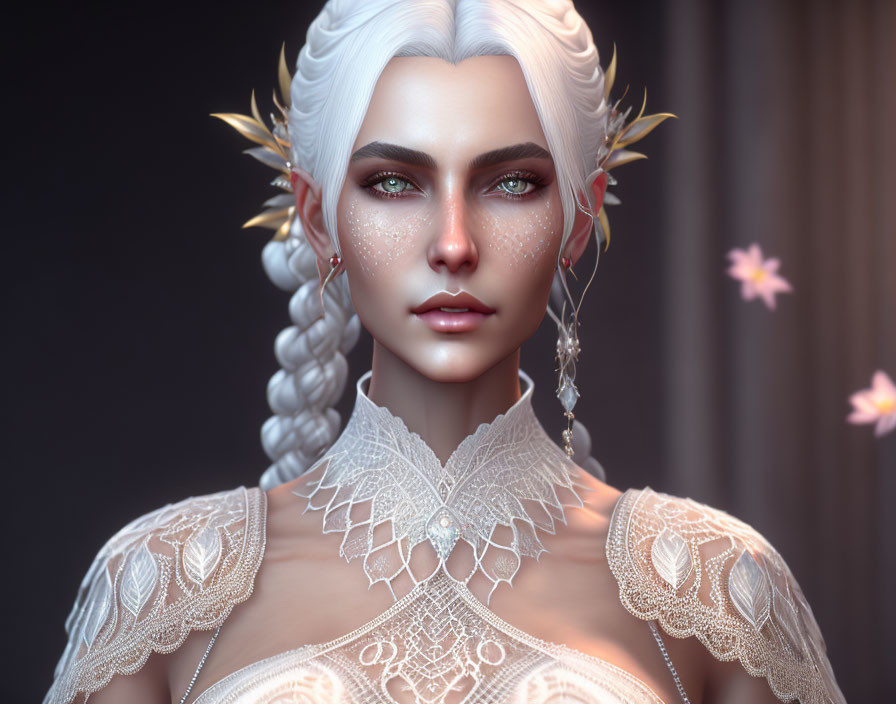 Fantasy character with pale skin, white braided hair, blue eyes, freckles, wearing