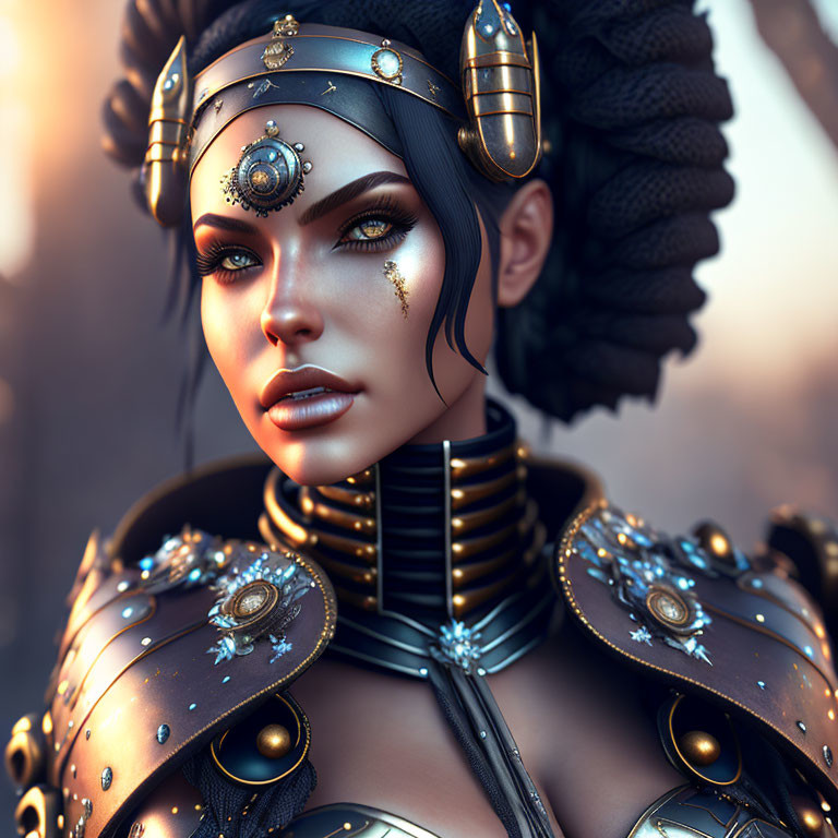 Detailed 3D female character in fantasy armor with celestial motifs