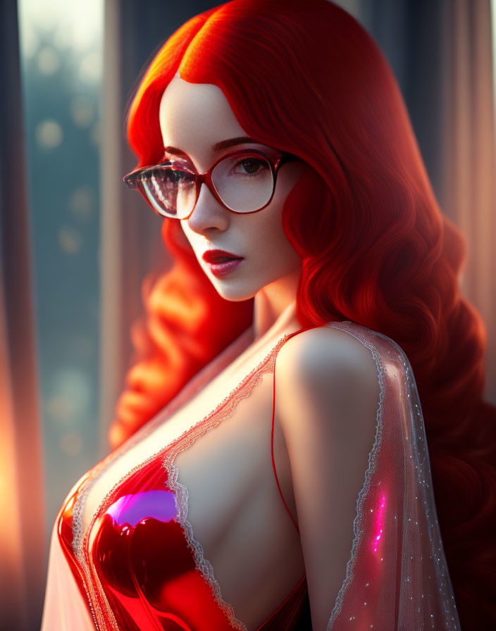 Digital artwork: Woman with red hair and glasses in shimmering dress by window