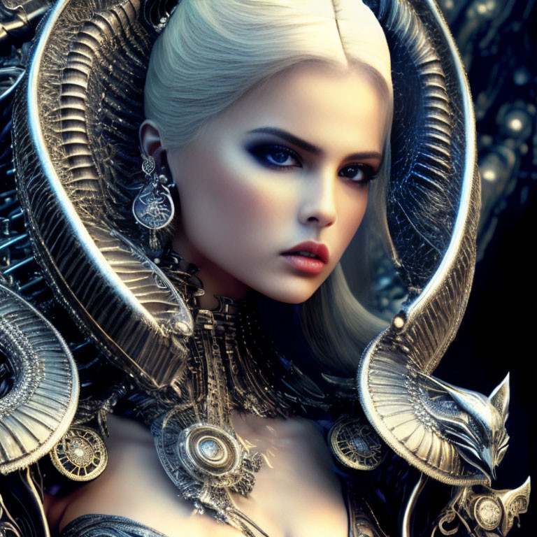Blonde Woman in Intricate Metallic Armor and Choker