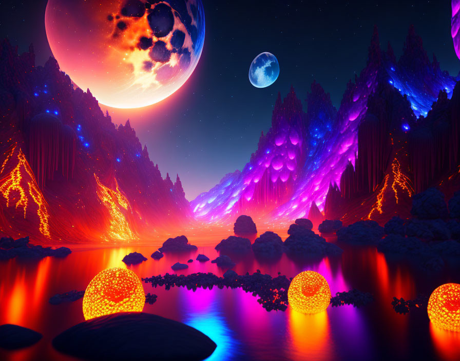 Vibrant fantasy landscape with lava river, glowing flora, and dual moons
