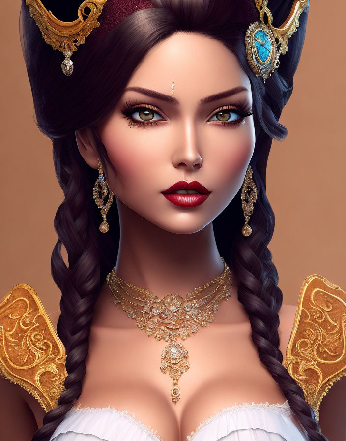 Digital Artwork: Woman with Braided Hair and Regal Gold Adornments