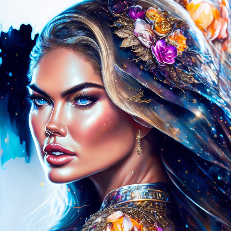 Detailed Illustration of Woman with Intense Blue Eyes and Floral Headpiece