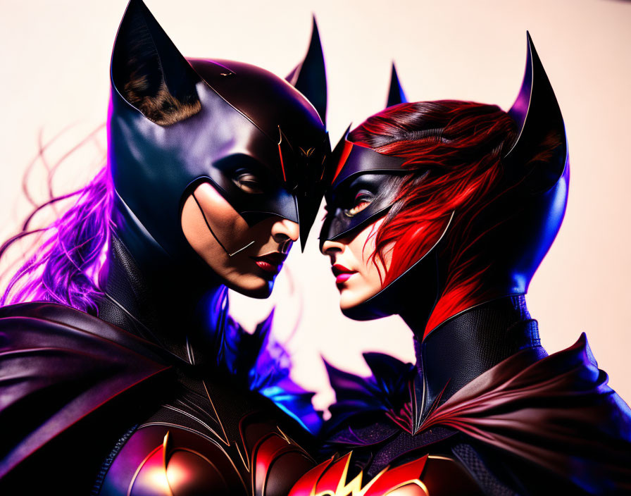 Stylized bat-themed individuals in masks and capes facing each other