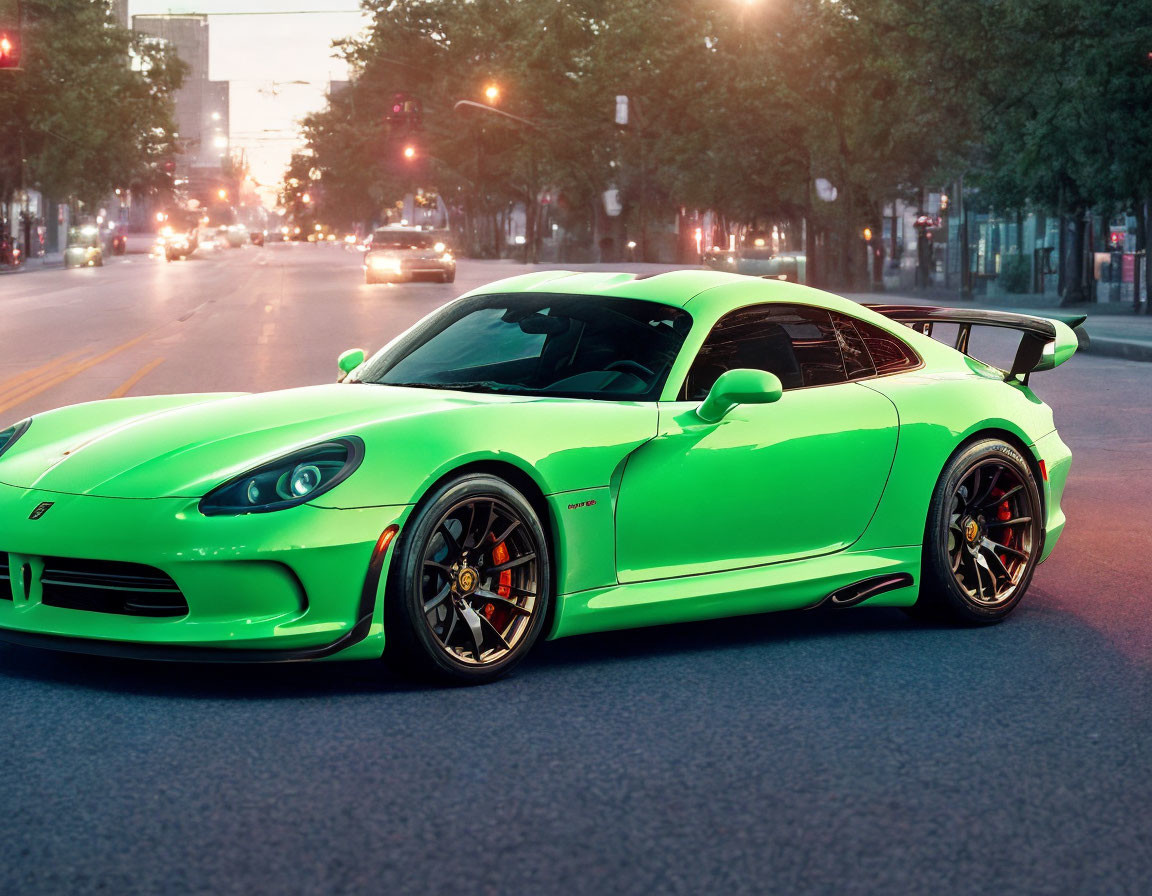 Bright Green Sports Car with Black Rims and Rear Spoiler Parked on City Street at Dusk