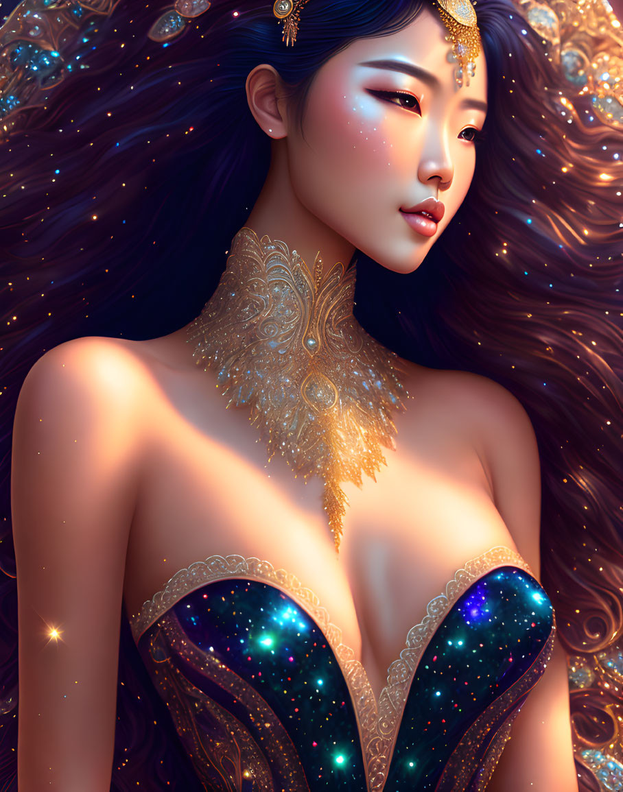 Illustrated woman with starry hair and celestial dress in cosmic glow