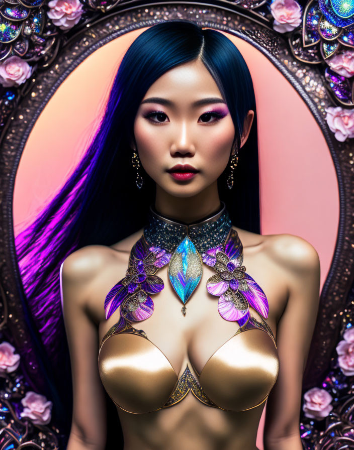 Asian Woman with Blue Hair Poses in Front of Elaborate Gold and Purple Jewelry