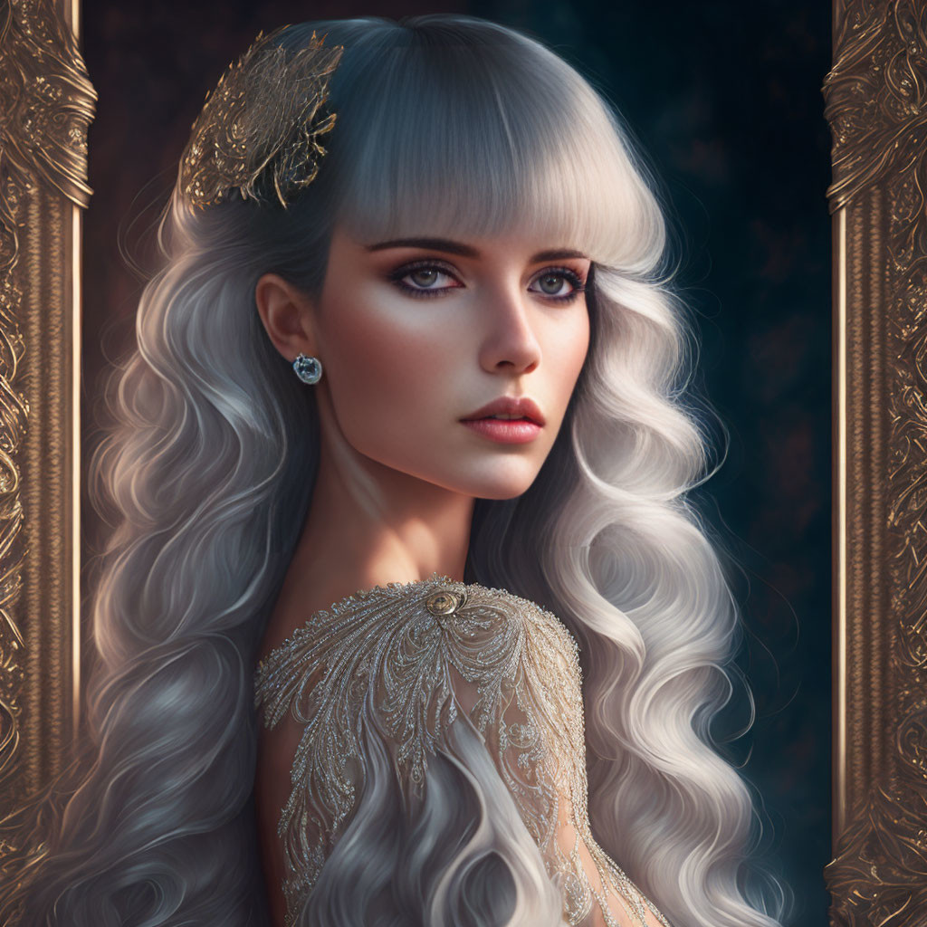 Portrait of Woman with Silver Wavy Hair and Gold Headpiece in Baroque Frame