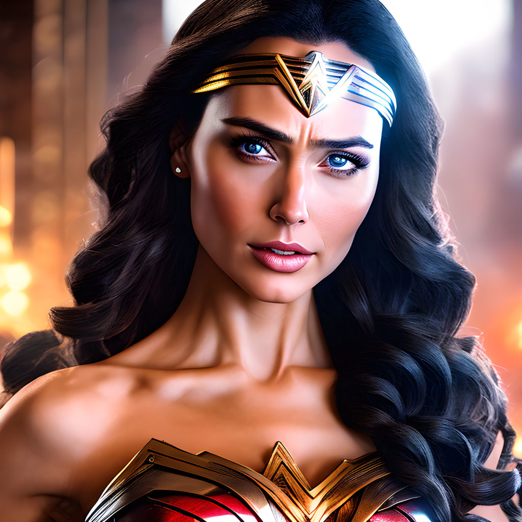 Female Superhero Illustration: Tiara, Blue Eyes, Red & Gold Costume
