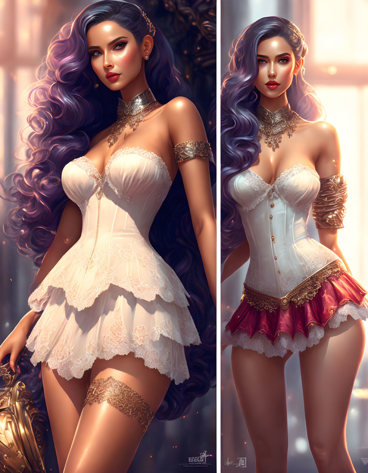 Purple-haired woman in corset dress: Two styles with lace and jewelry on warm background