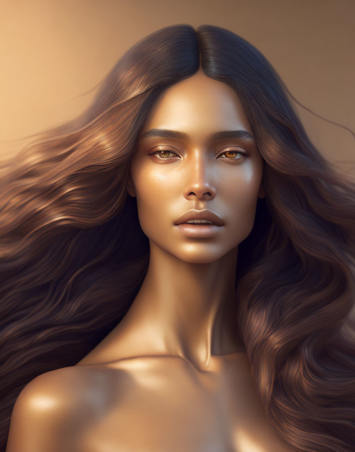 Ethereal digital artwork of a woman with brown hair and amber eyes
