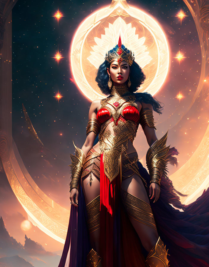Female warrior in gold and red armor with cosmic backdrop and crescent symbol