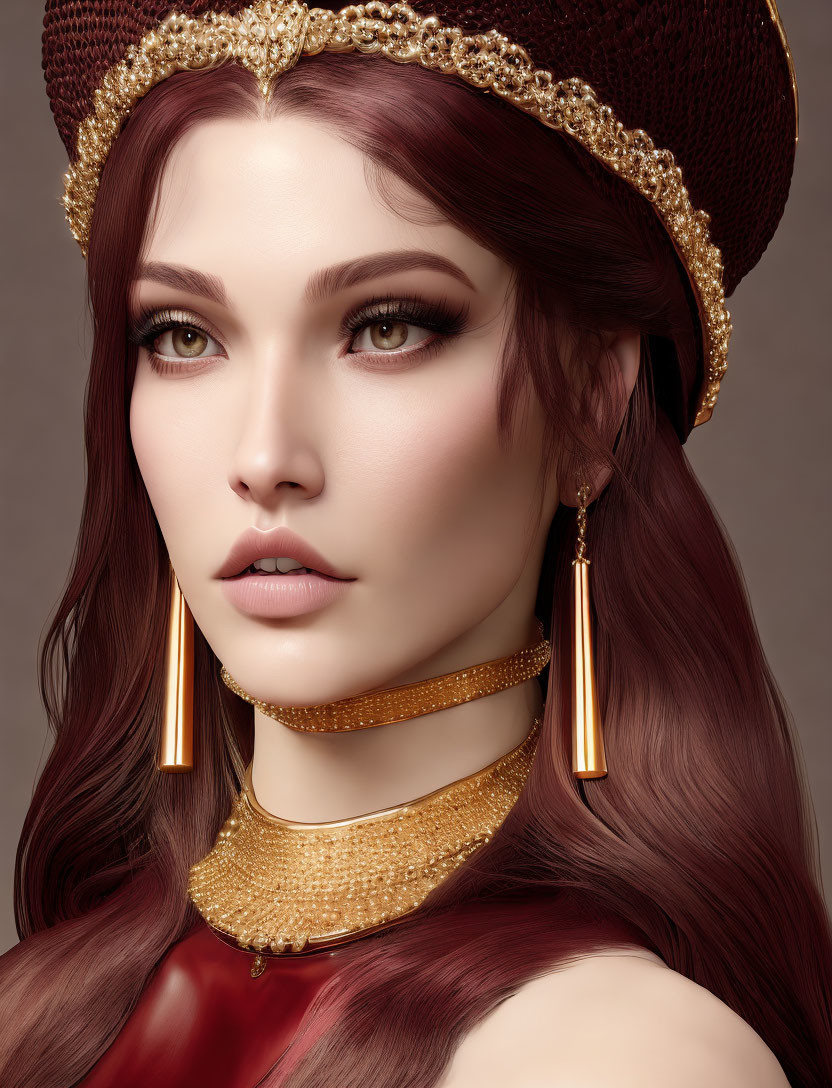 Woman with Green Eyes, Beaded Burgundy Hat, Wavy Hair, Gold Jewelry