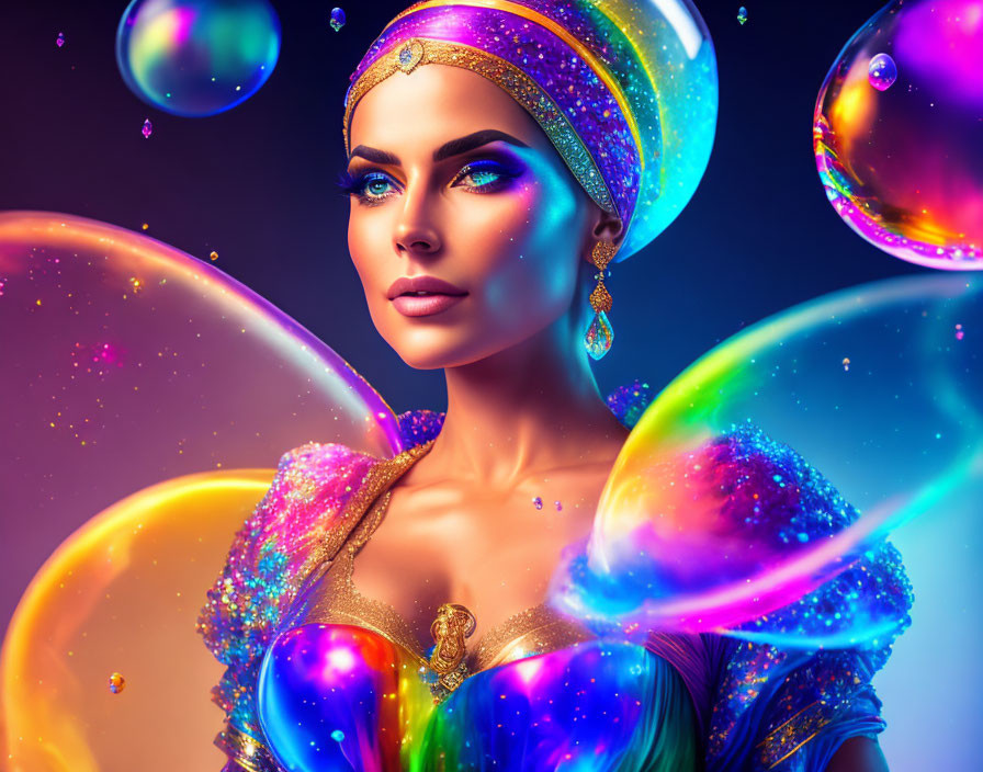 Vibrant digital portrait of a woman with headwrap and earrings among iridescent soap bubbles