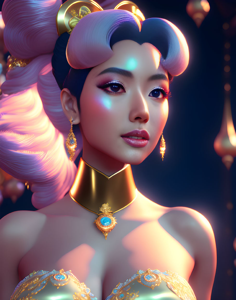 Stylized digital portrait of a woman with ornate gold jewelry