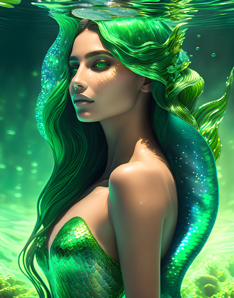 Mermaid Fantasy Art: Shimmering Green Scales & Flowing Hair
