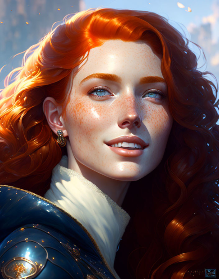 Digital Portrait: Woman with Red Hair, Freckles, Bright Eyes, Blue Outfit