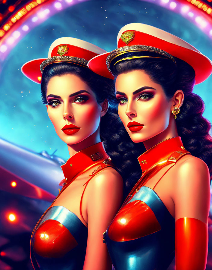 Two women in dramatic makeup, red military uniforms, and hats against a neon-lit futuristic backdrop