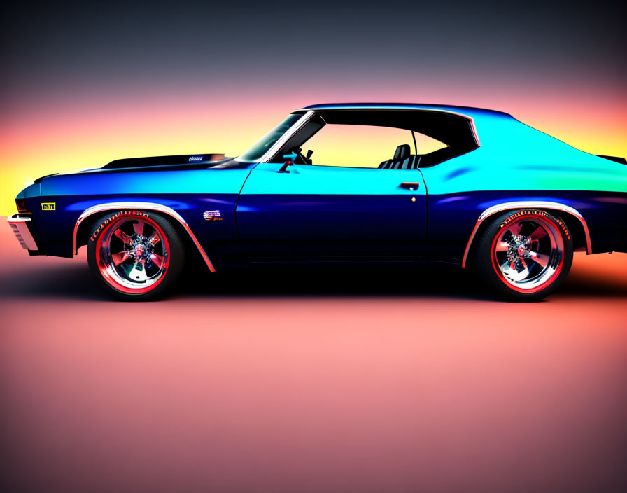 Blue Muscle Car with Black Stripes and Chrome Wheels on Gradient Background