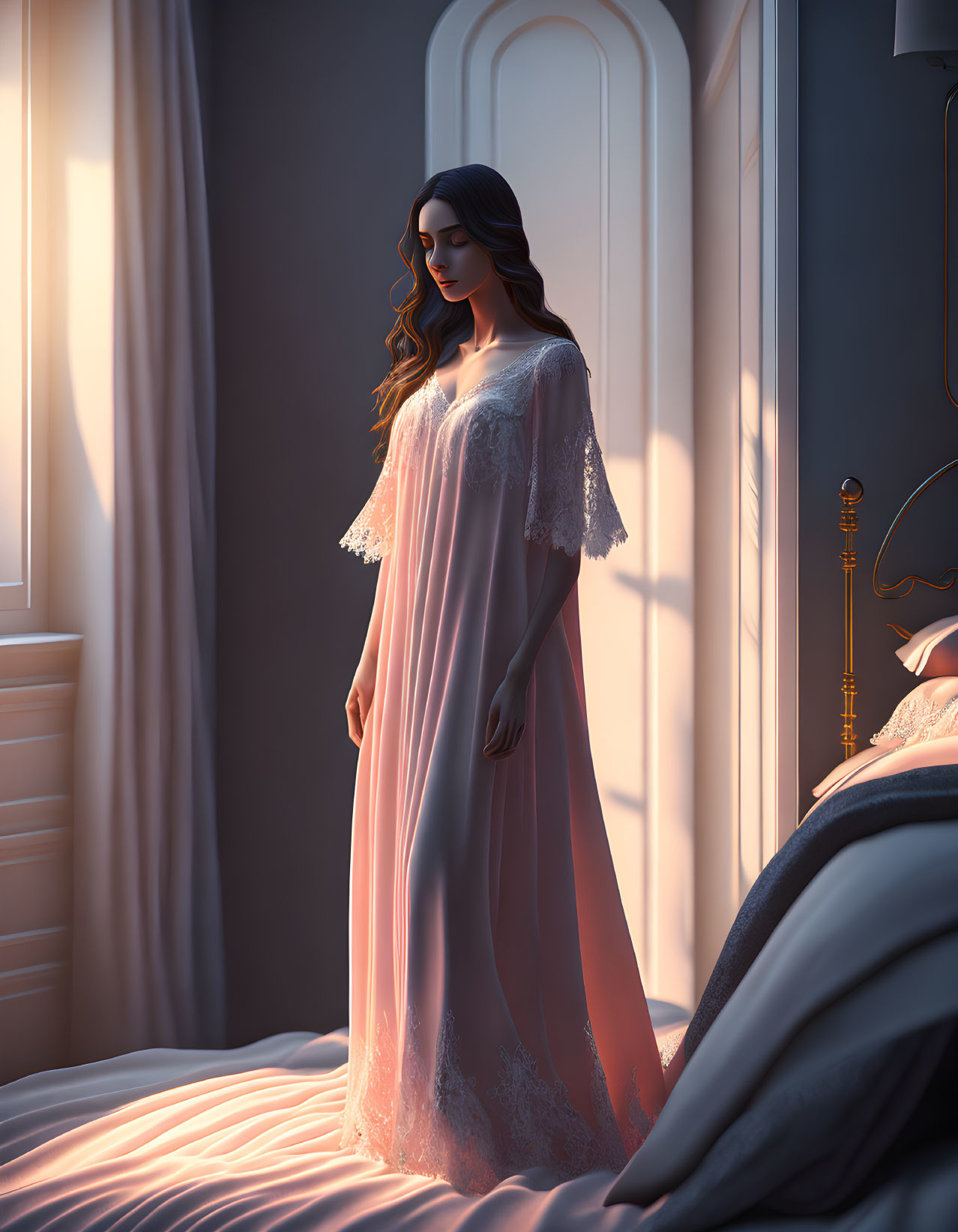 Serene woman in flowing nightgown by bed at dawn