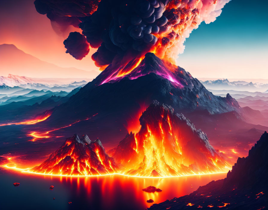 Volcanic eruption with flowing lava and ash plume at twilight