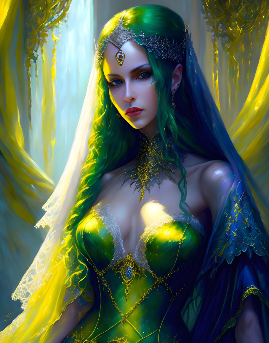 Fantasy artwork: Woman with green hair and jeweled headpiece in mystical setting
