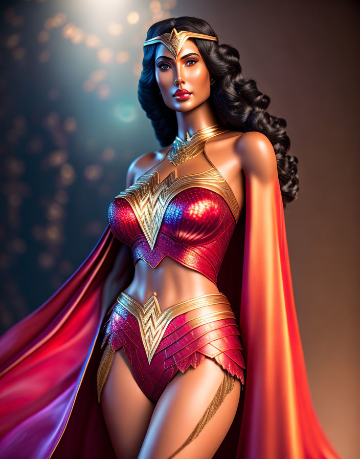 Stylized Wonder Woman illustration with golden tiara, red cape, and glowing aura