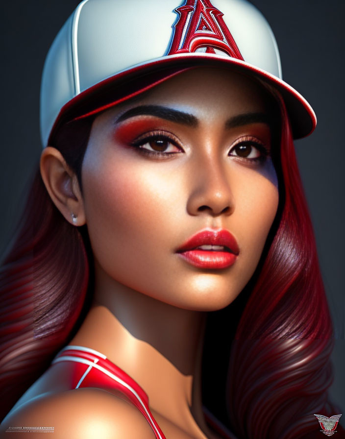 Digital Art Portrait of Woman with Red Hair and LA Cap in Bold Makeup
