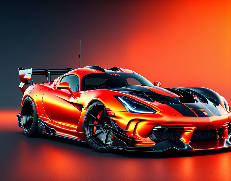 Red Sports Car with Black Stripes and Rear Wing on Gradient Background