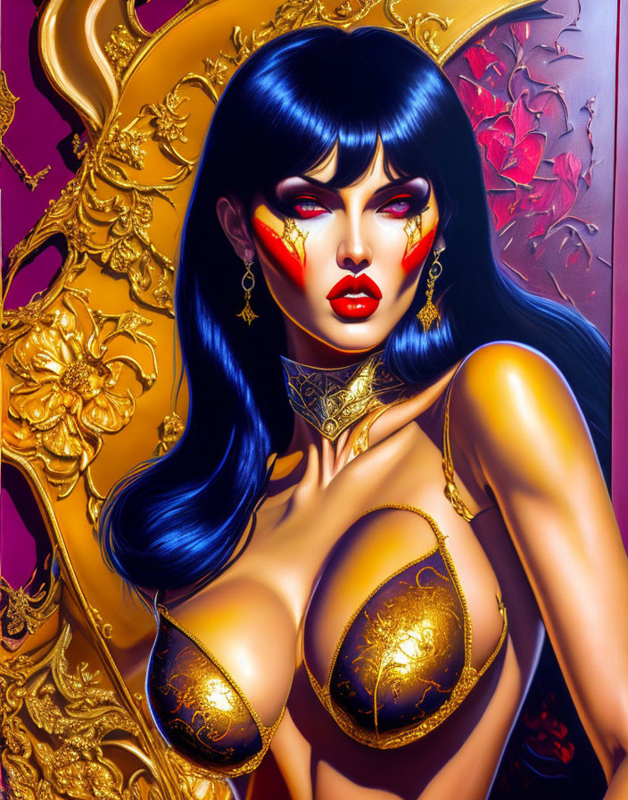 Stylized woman with blue hair in golden attire on ornate red background