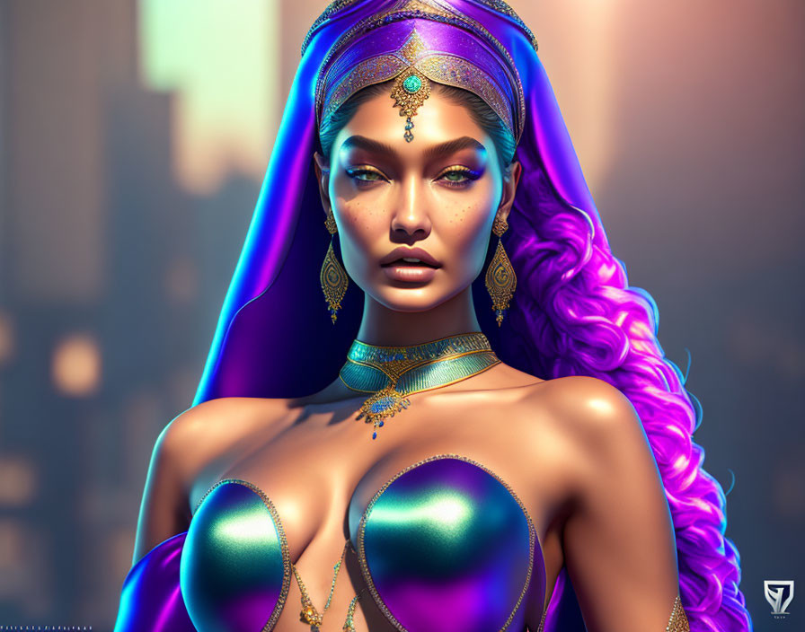 Digital Artwork: Woman with Purple Hair and Blue Jewelry on Abstract Cityscape Background