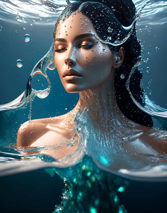 Surreal portrait of woman submerged in water with flowing bubbles and intricate liquid patterns