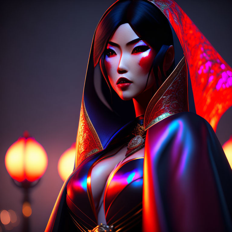 Stylized 3D illustration of woman in red and black cloak against oriental lantern backdrop