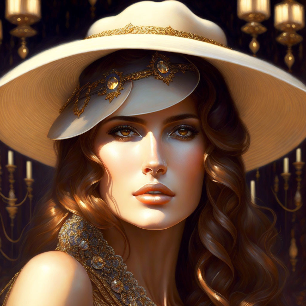 Detailed Illustration of Woman with Wavy Hair and Decorated Hat in Ornate Candelabra Background