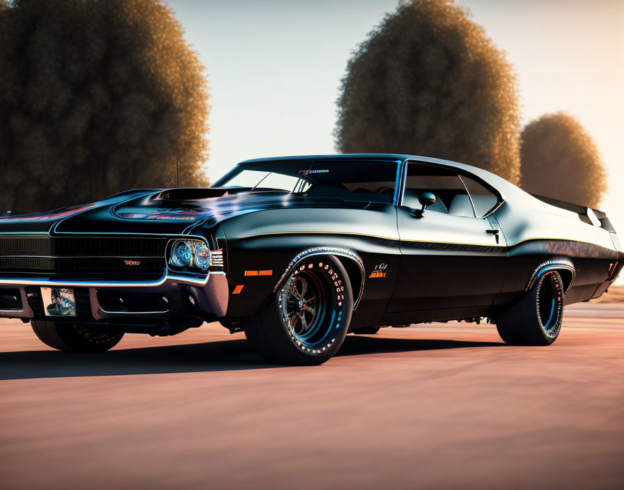 Vintage Black Muscle Car with Orange Stripes in Sunset Setting