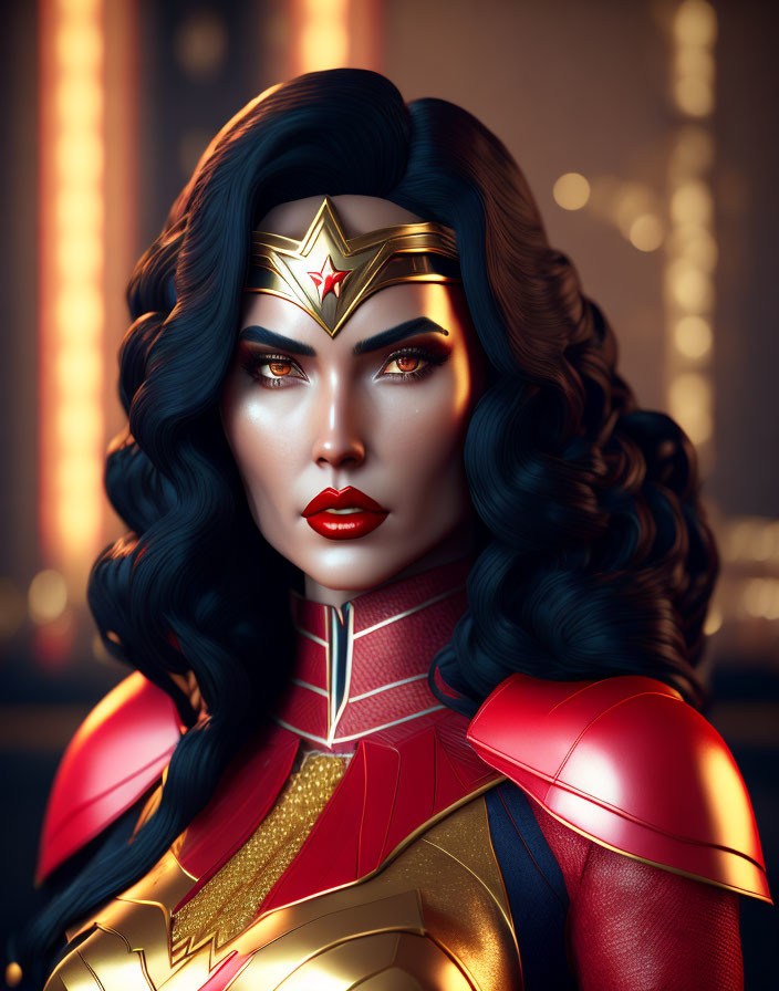 Wonder Woman digital artwork: flowing black hair, striking eyes, red and gold costume, Lasso of