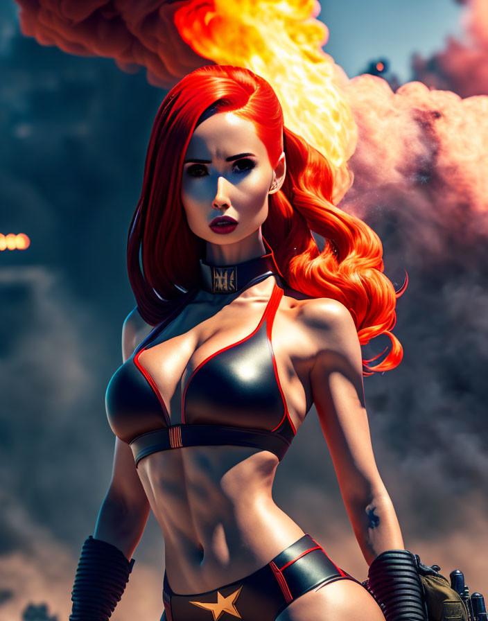 Futuristic outfit on red-haired animated character with explosion.