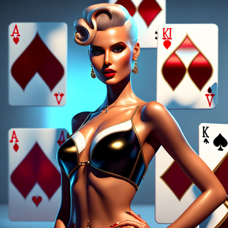 Stylized female figure with floating playing cards on blue background