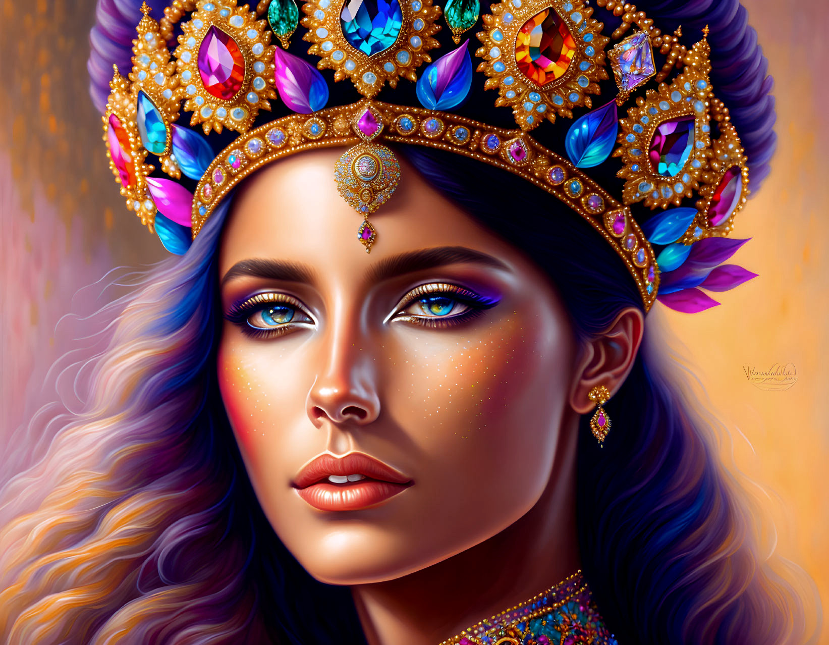 Vibrant Blue-Eyed Woman in Colorful Crown and Earrings