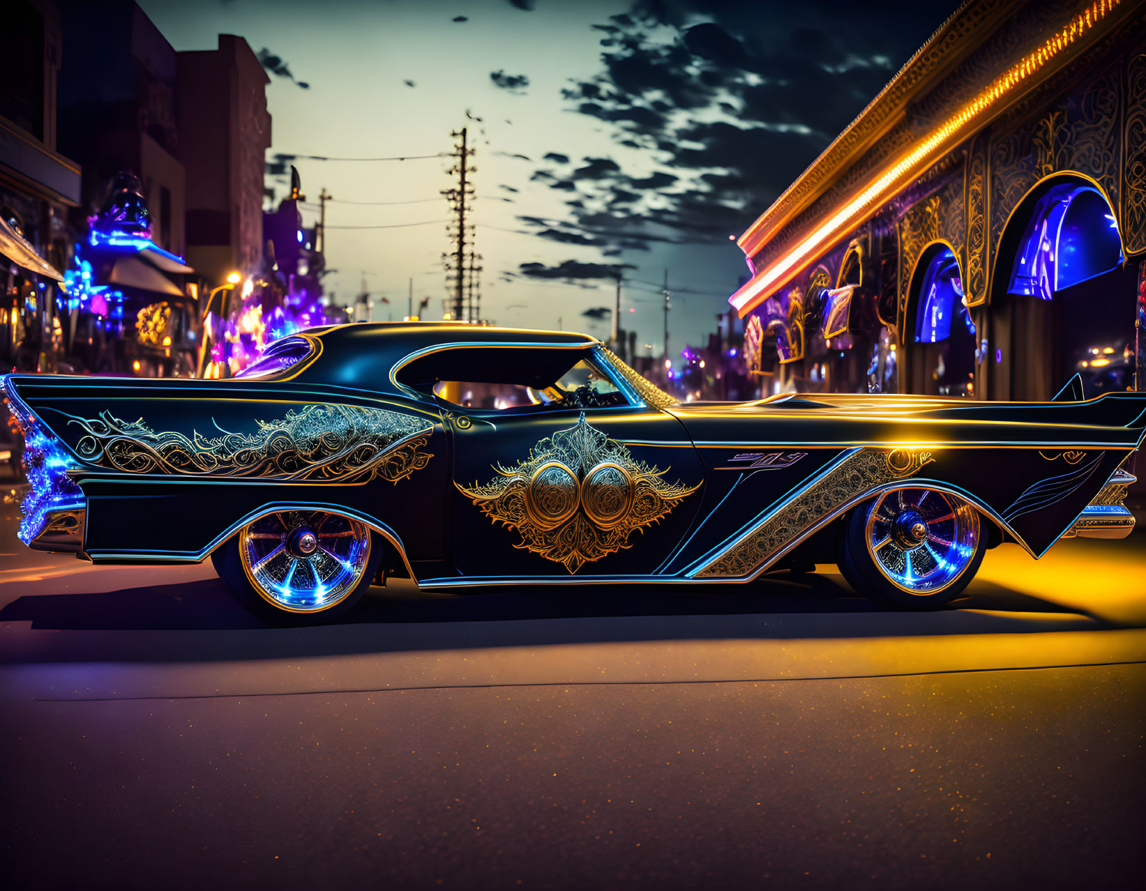 Vintage car with neon underglow and intricate patterns in city street at night