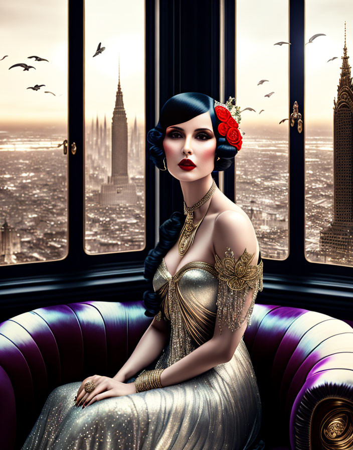 Vintage style woman with gold jewelry by window overlooking cityscape
